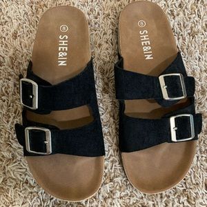 Black slip-on faux suede double buckle sandals